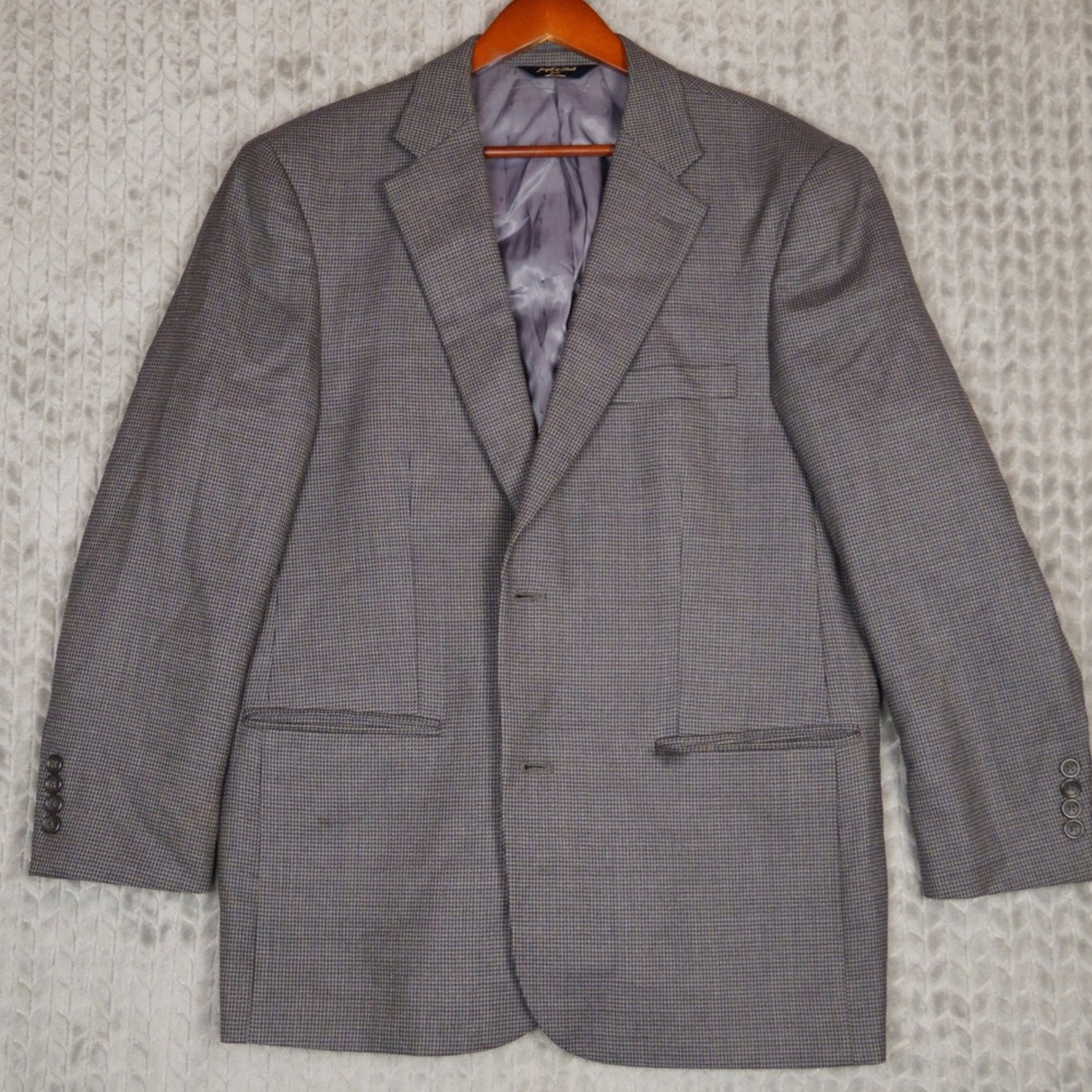 Joseph & Feiss Sport Coat Mens 42 Short Blue Brown Houndstooth Blazer 100% Wool
